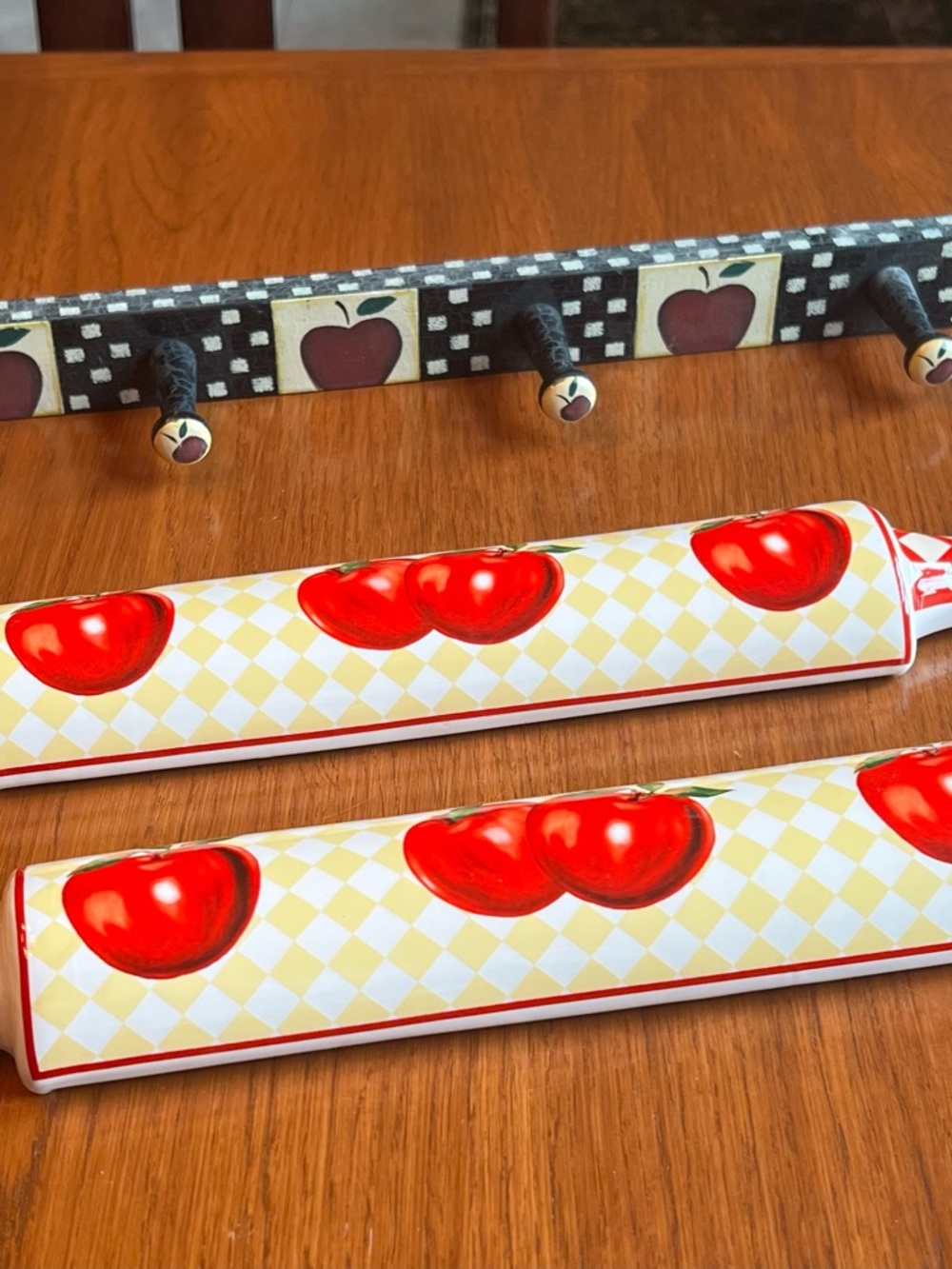 Ceramic Apple-Print Rolling Pin Holders and Wall Key Peg